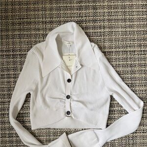 A.L.C. White Ribbed Long-Sleeve Cropped Button Front Top